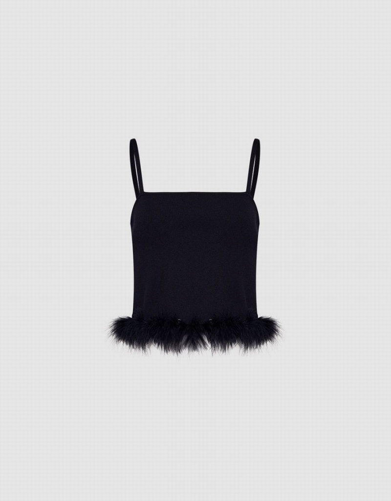 Debardeur Urban Revivo Fluffy Trim Tricoté Cami Femme Noir | VBV4999NU