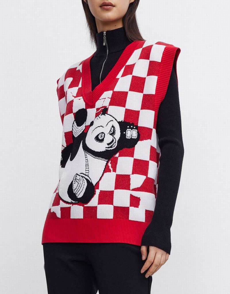 Debardeur Urban Revivo Kung Fu Panda Checkered Femme Rouge | NDK2964GX