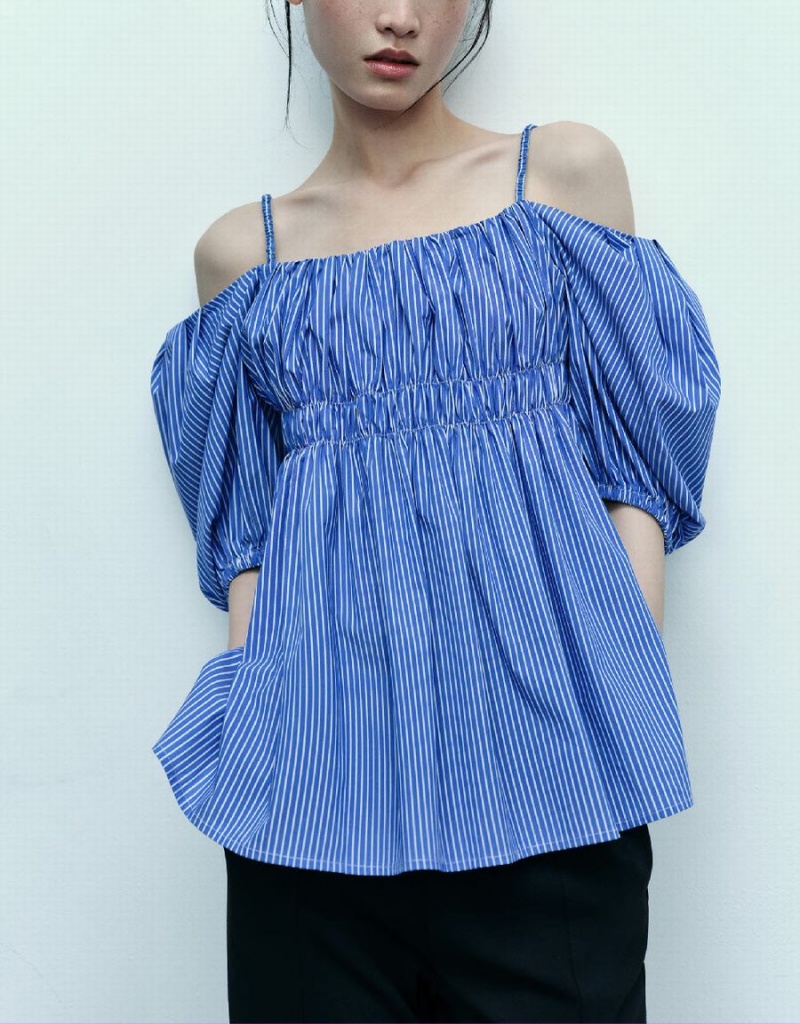 Debardeur Urban Revivo Rayé Off-Shoulder Cami Femme Bleu | FSA4063FW