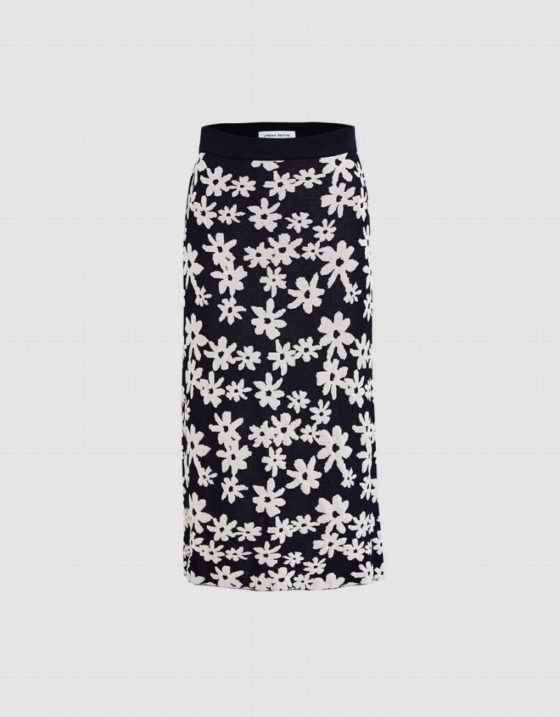 Jupes Urban Revivo Floral Print Knit Femme Noir Blanche | WOJ1148LS