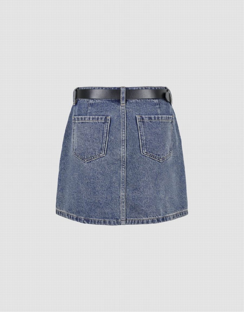 Jupes Urban Revivo Mini A-Line Denim With Belt Femme Bleu | KJH39100MQ