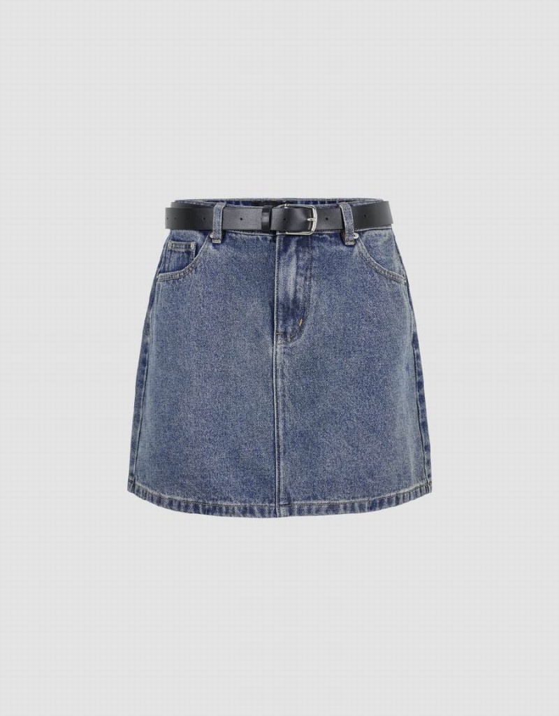 Jupes Urban Revivo Mini A-Line Denim With Belt Femme Bleu | KJH39100MQ