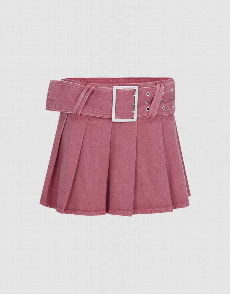 Jupes Urban Revivo Plissé Mini A-Line Denim Femme Rose Rouge | FVI468WT