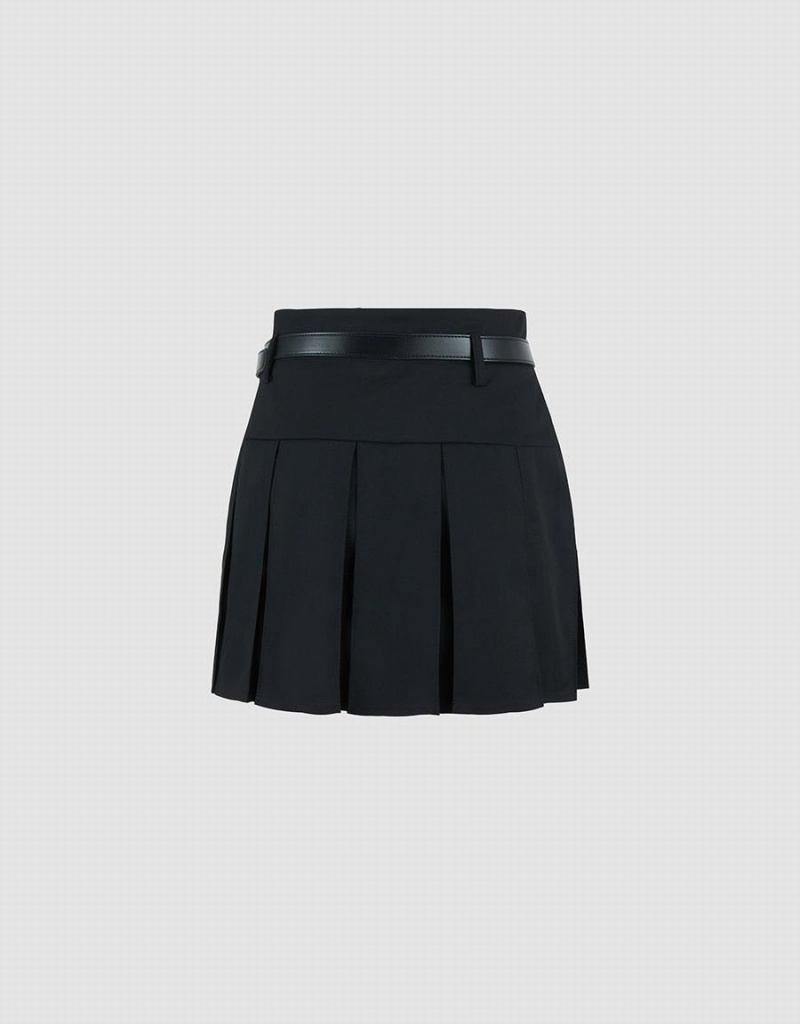 Jupes Urban Revivo Plissé Mini A-Line With Belt Femme Noir | JGQ9032CV