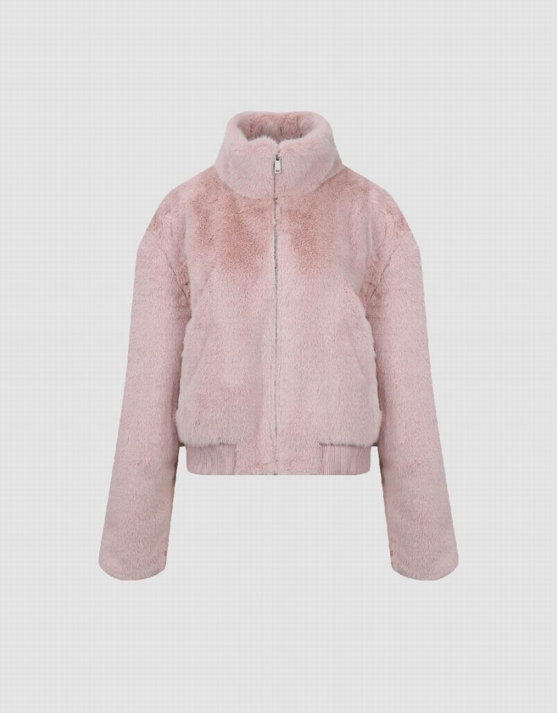 Manteaux Urban Revivo Stand Collar Droit Furry Femme Rose | BMI403MI