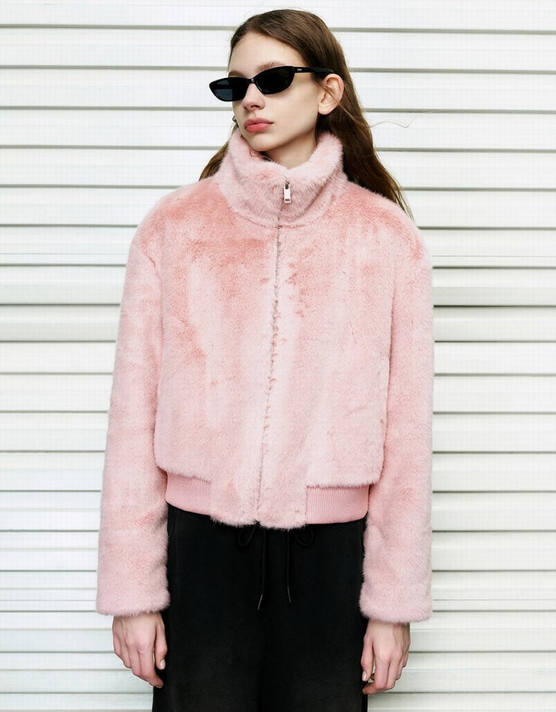 Manteaux Urban Revivo Stand Collar Droit Furry Femme Rose | BMI403MI