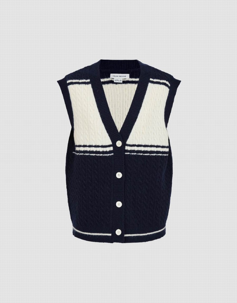 Manteaux Urban Revivo Two Toned Tricoté V-Neck Waistcoat Femme Bleu | VMK6557KJ