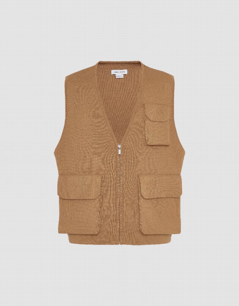 Manteaux Urban Revivo V-Neck Tricoté Waistcoat Homme Kaki Marron | GIH3654WP