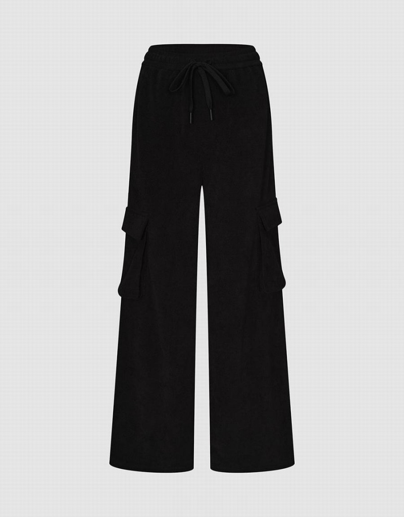 Pantalon Urban Revivo Drawstring Taille Tricoté Droit Femme Noir | SEW3624KJ