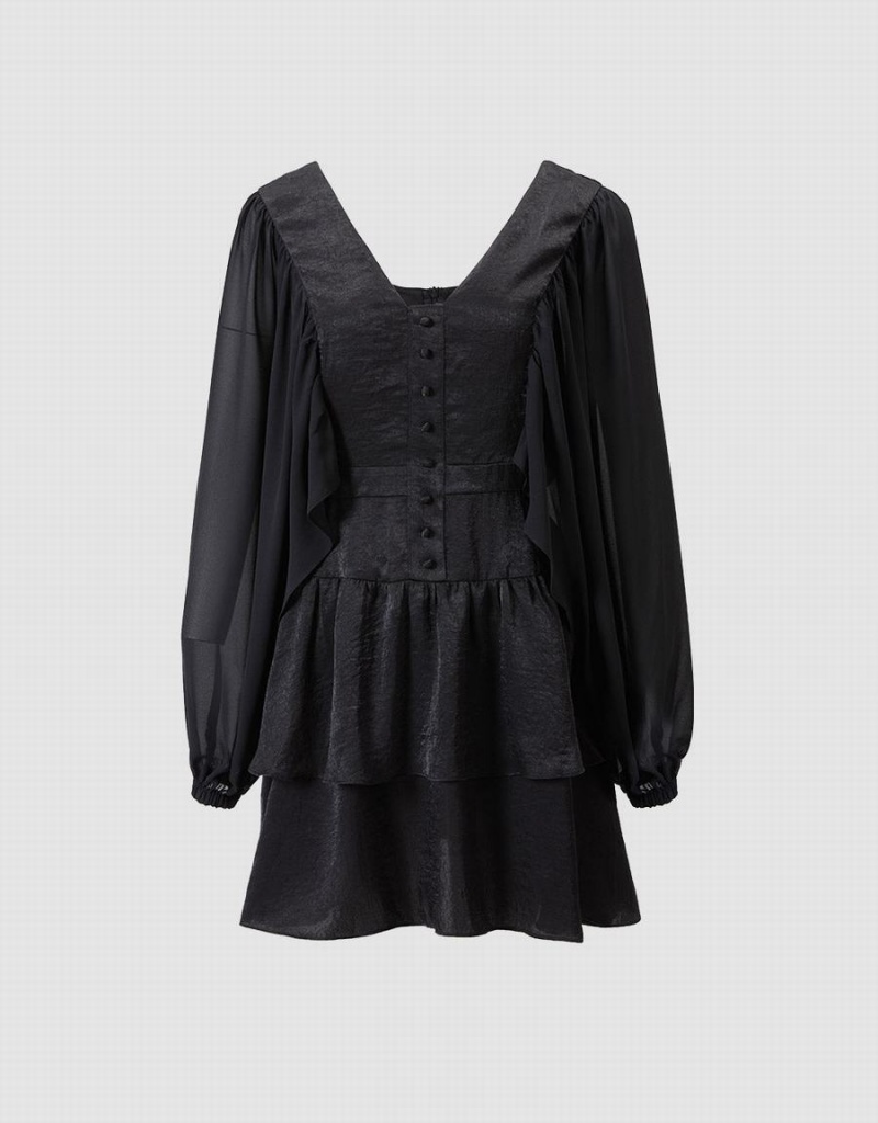 Peignoir Urban Revivo Batwing Button Front Tiered Ruffle Hem Femme Noir | MDD511ML