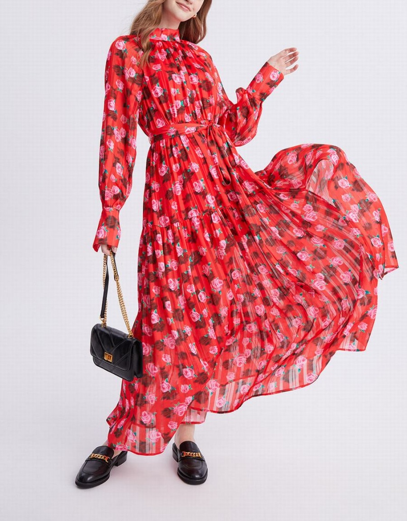 Peignoir Urban Revivo Floral Print Belted Maxi Chiffon Femme Rouge | KIY3447ZB