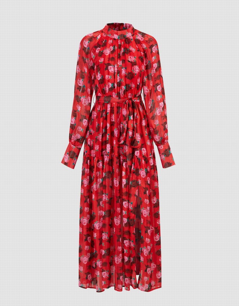 Peignoir Urban Revivo Floral Print Belted Maxi Chiffon Femme Rouge | KIY3447ZB