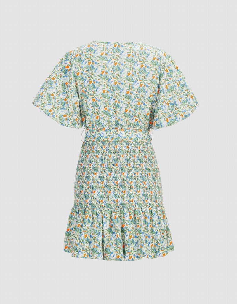 Peignoir Urban Revivo Floral Print Shirred Belted Femme Vert | JPG9889BA