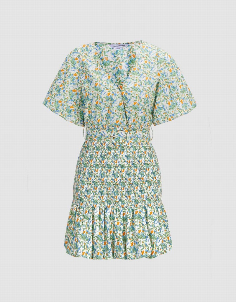 Peignoir Urban Revivo Floral Print Shirred Belted Femme Vert | JPG9889BA