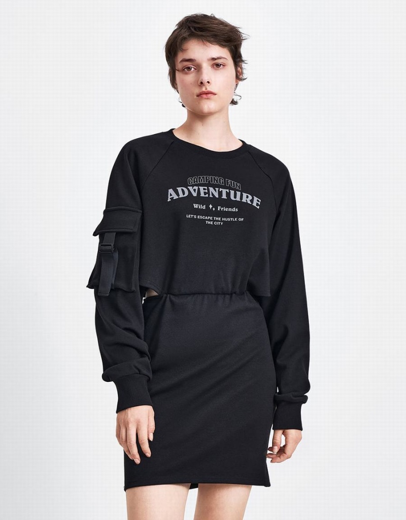 Peignoir Urban Revivo Letter Printed Crew Neck A-Line Femme Noir | EUK7447LU