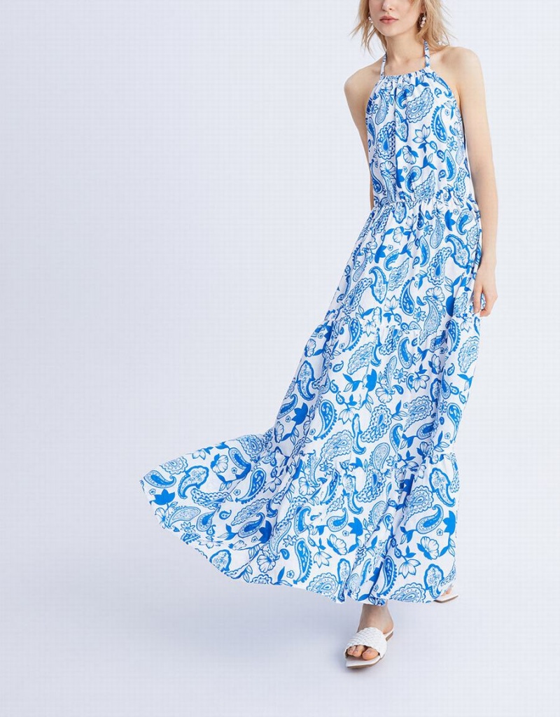 Peignoir Urban Revivo Paisley Print Halter Maxi Femme Bleu | CFY6020GR