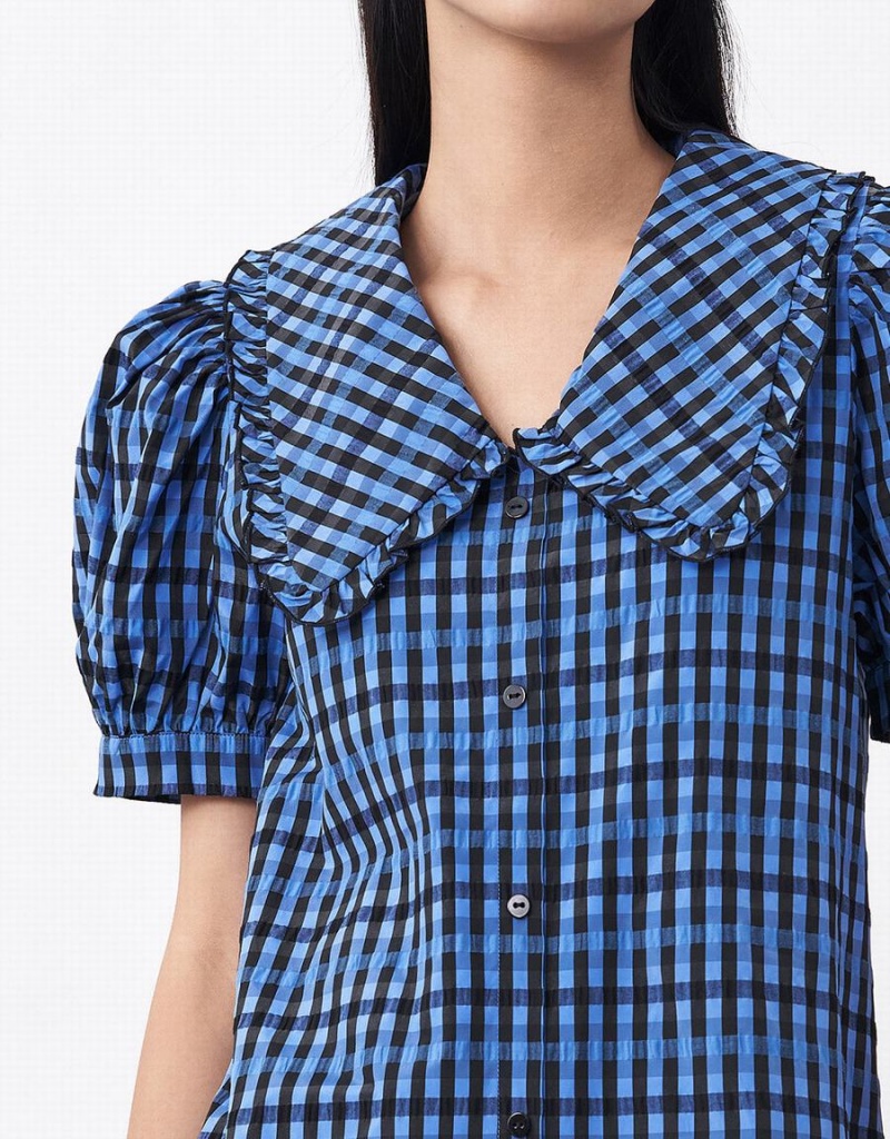 Peignoir Urban Revivo Plaid Puff Sleeve Ruffle Hem Checkered Femme Bleu | JEP9133UO