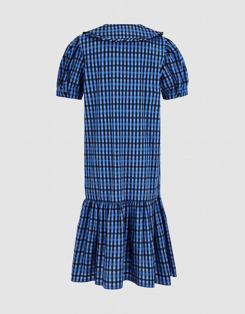 Peignoir Urban Revivo Plaid Puff Sleeve Ruffle Hem Checkered Femme Bleu | JEP9133UO