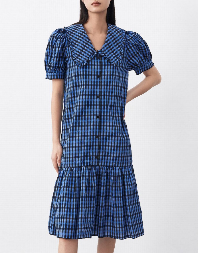 Peignoir Urban Revivo Plaid Puff Sleeve Ruffle Hem Checkered Femme Bleu | JEP9133UO