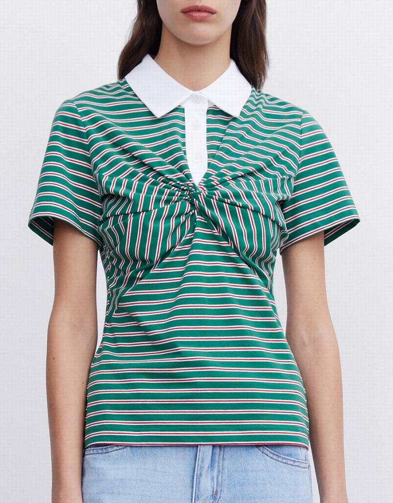 Polos Urban Revivo Knotted Detail Rayé Femme Vert | JGF167TX