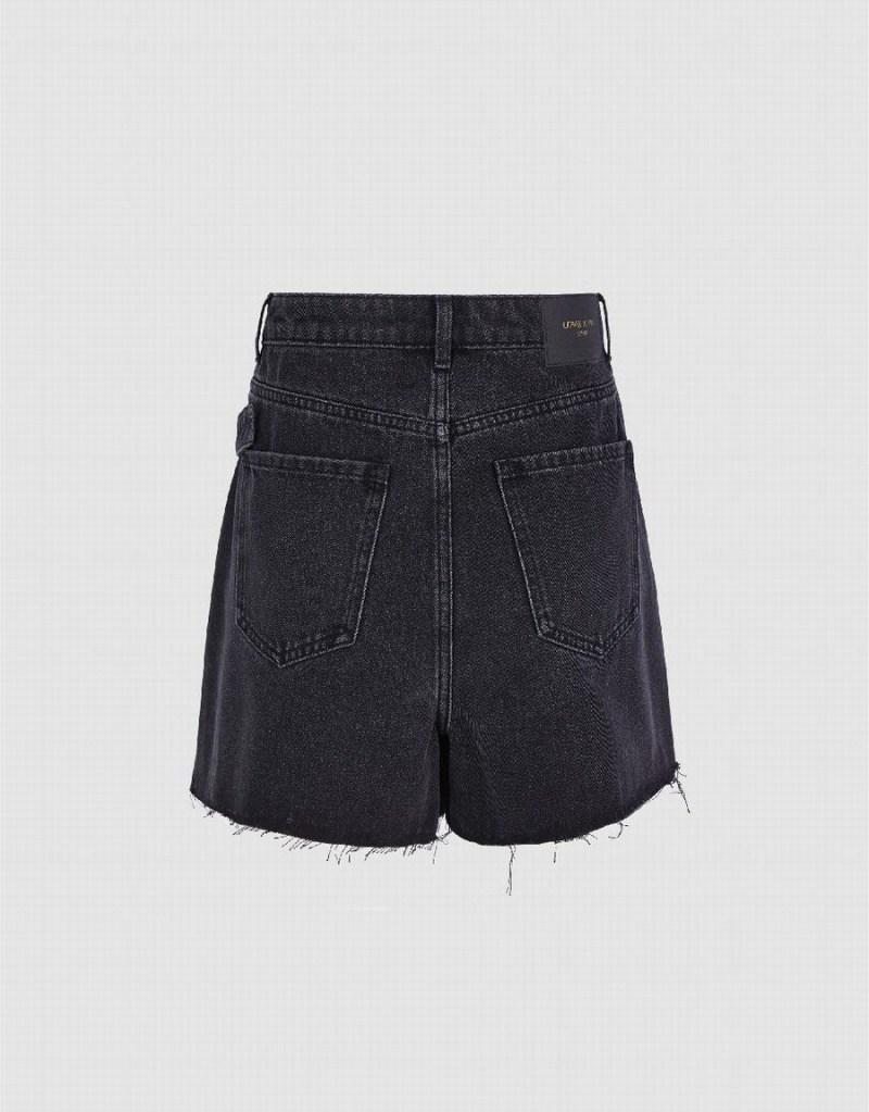 Short Urban Revivo Plissé Denim With Belt Femme Noir | DLV5540FI