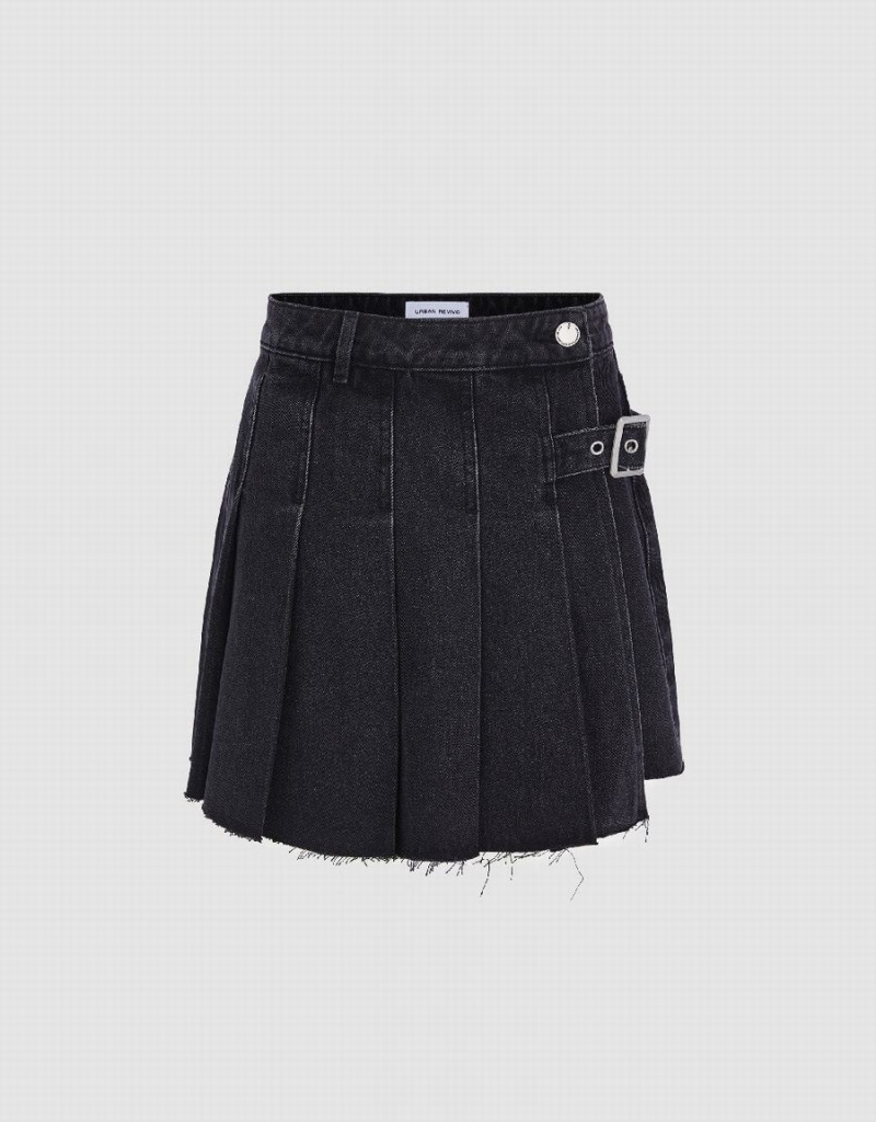 Short Urban Revivo Plissé Denim With Belt Femme Noir | DLV5540FI