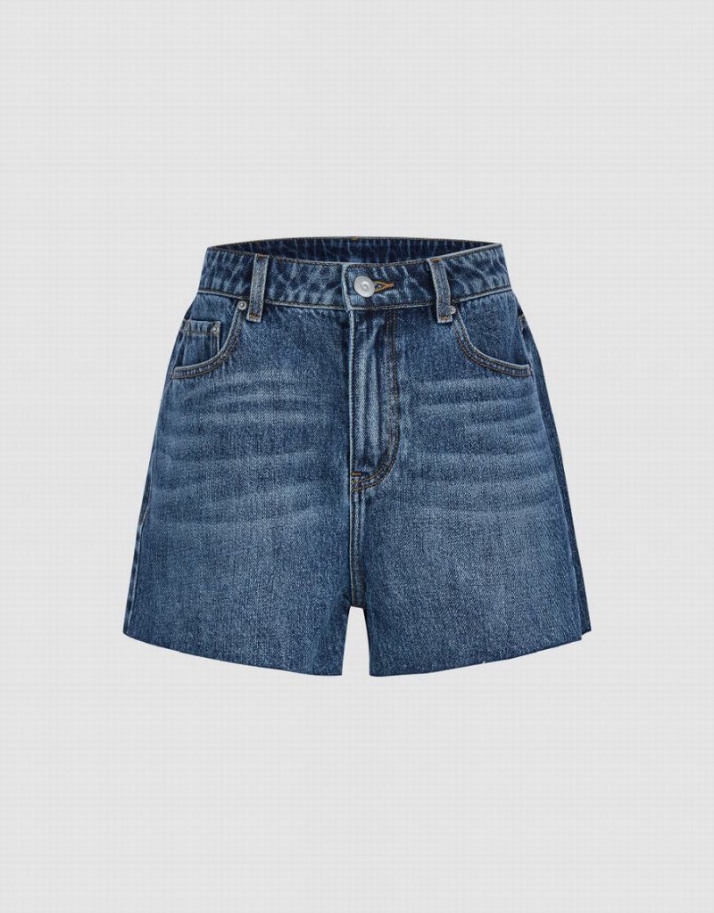 Short Urban Revivo Raw Hem Denim Femme Bleu | IPE8353WB