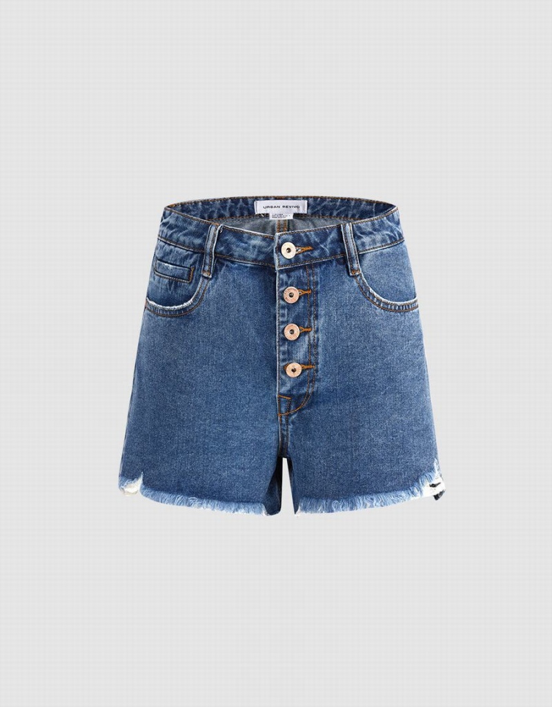 Short Urban Revivo Raw Hem Denim Femme Bleu | DIJ1482FZ