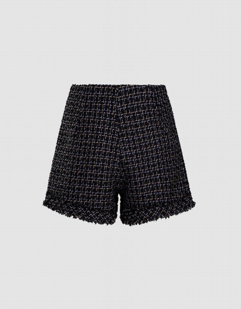 Short Urban Revivo Tweed Plaid Raw Hem Femme Noir Multicolore | BWM6761JL