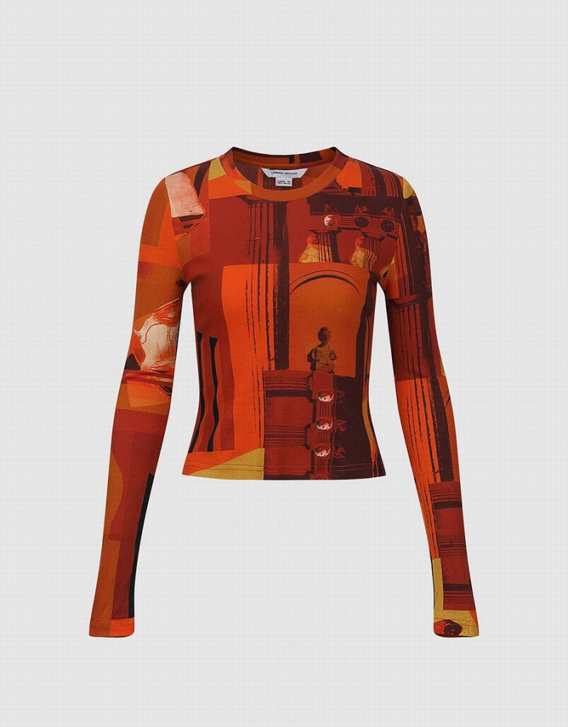 Sweats Urban Revivo Printed Crew Neck Mince Femme Orange | WWP7850DK