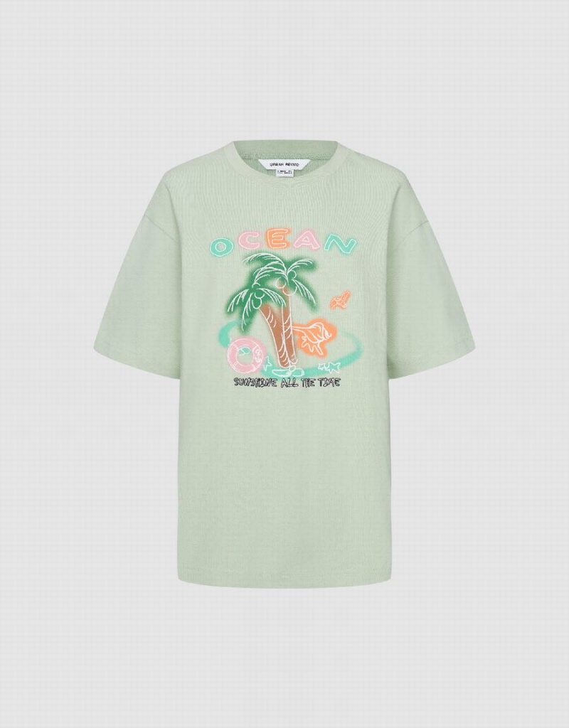 T Shirts Urban Revivo Coconut Tree Printed Crew Neck Femme Vert | AAM3281LZ