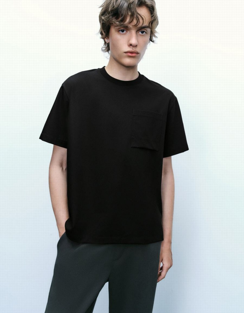 T Shirts Urban Revivo Crew Neck A-Line Homme Noir | SWS7876FK