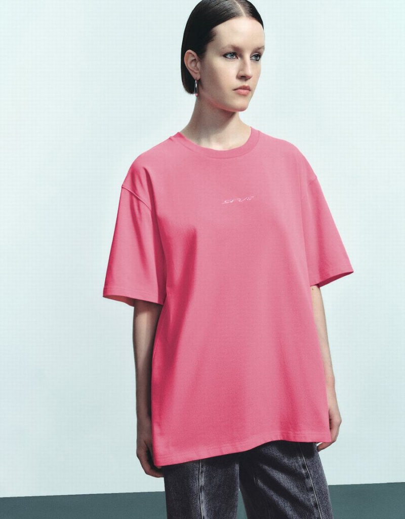 T Shirts Urban Revivo Crew Neck Loose Femme Rose Rouge | WXI487HK