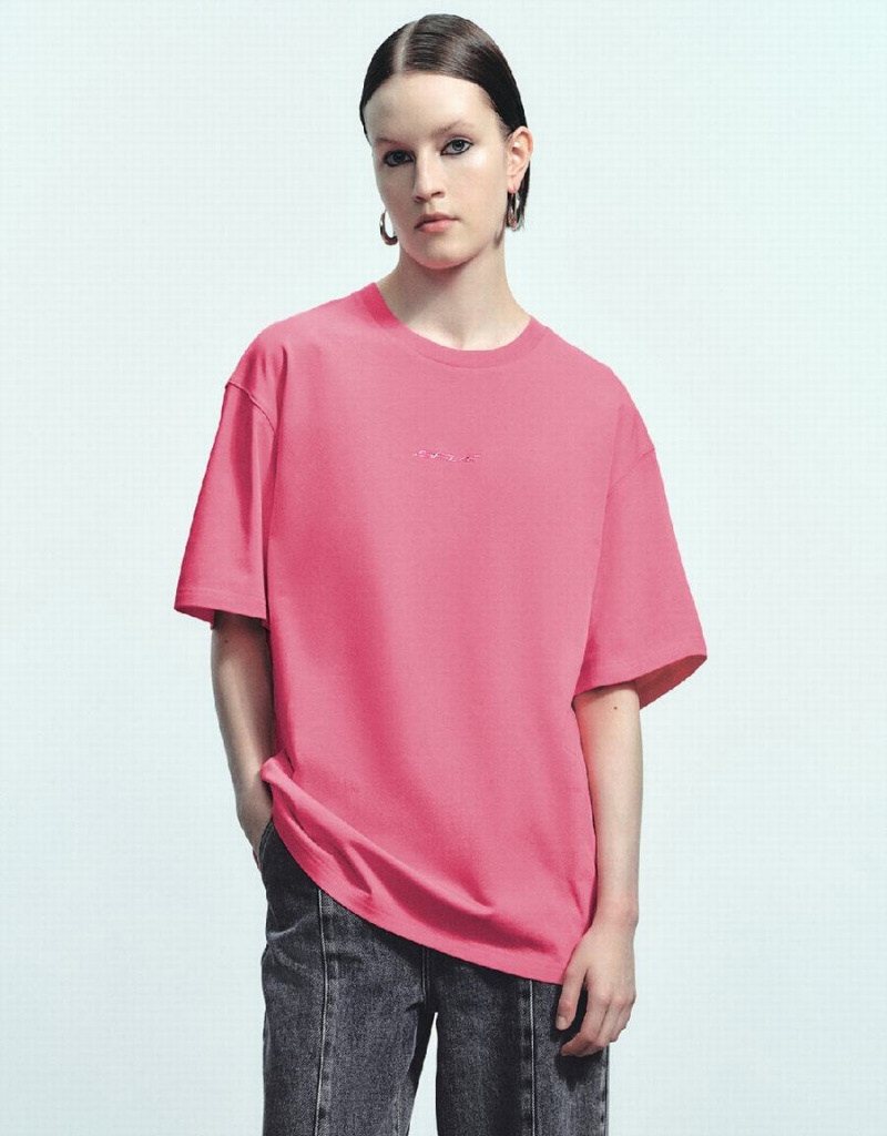 T Shirts Urban Revivo Crew Neck Loose Femme Rose Rouge | WXI487HK