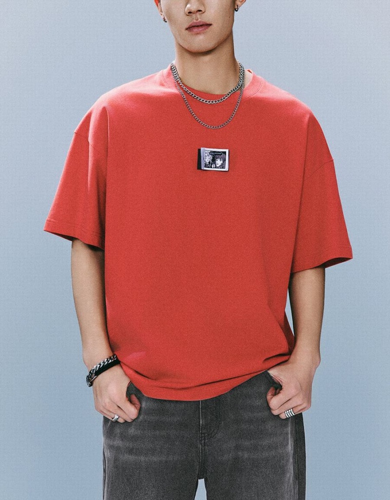 T Shirts Urban Revivo Crew Neck Loose Homme Rouge | ART7489XA