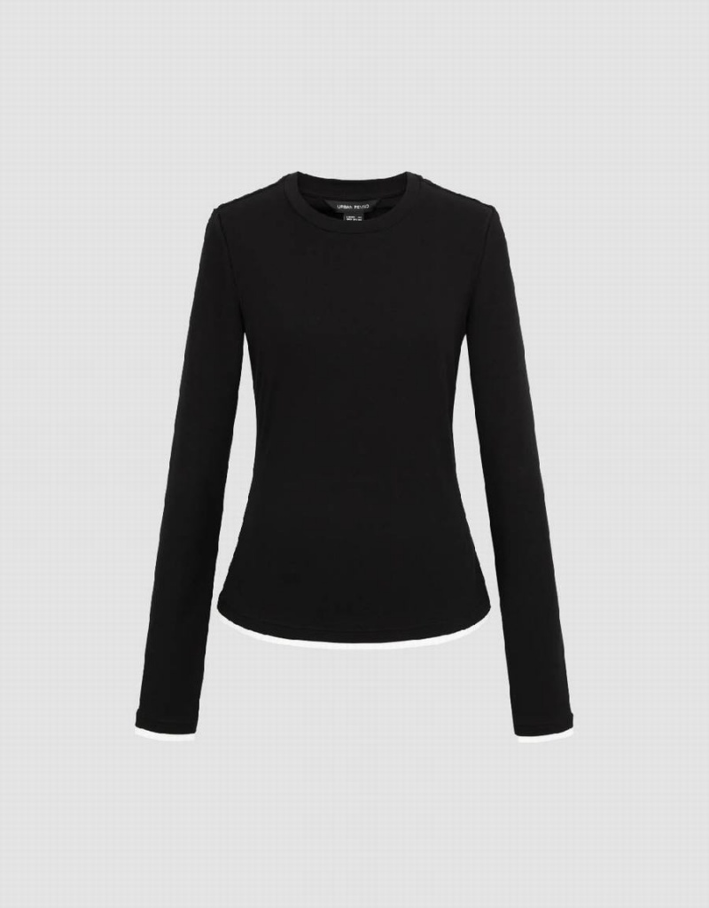 T Shirts Urban Revivo Crew Neck Tricoté Mince Femme Noir | OBU440MO