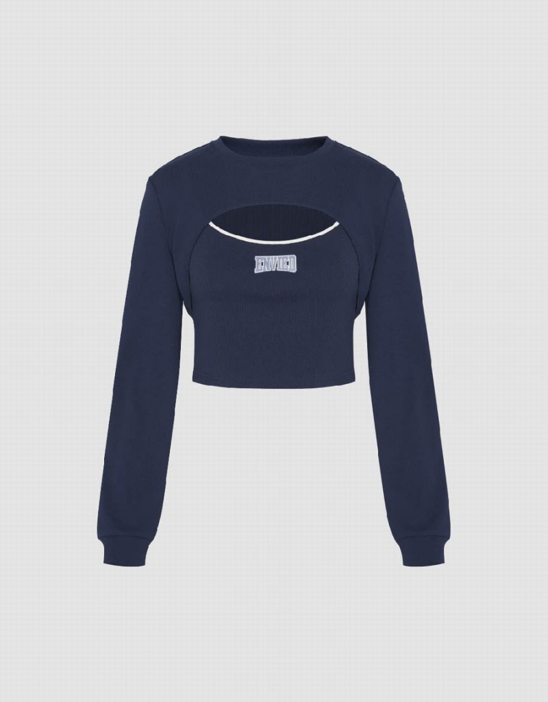 T Shirts Urban Revivo Cut-Out Crew Neck Tricoté Femme Bleu | XOZ9824PL