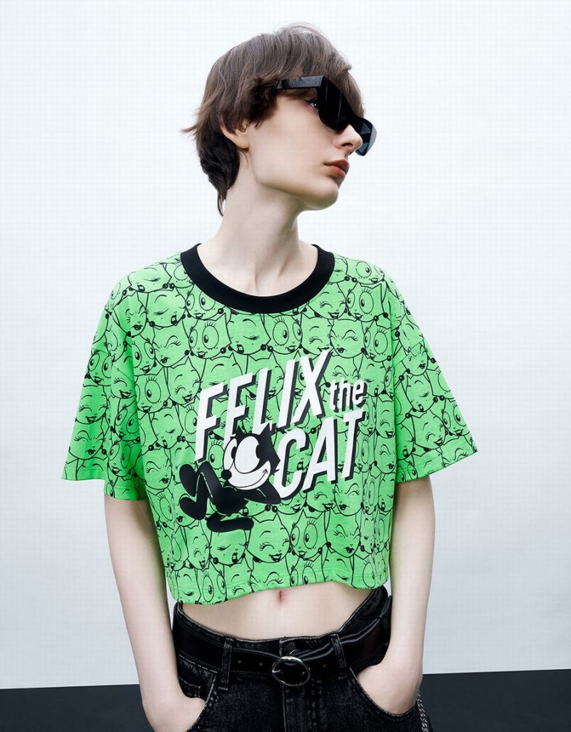 T Shirts Urban Revivo Felix The Cat Printed Crew Neck Femme Vert | YPJ2353GK