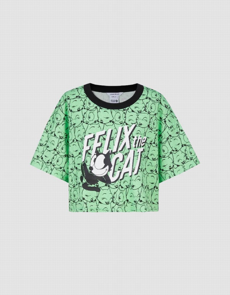 T Shirts Urban Revivo Felix The Cat Printed Crew Neck Femme Vert | YPJ2353GK