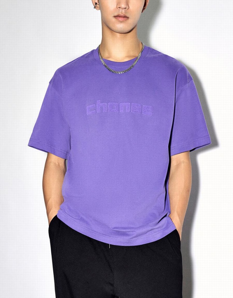 T Shirts Urban Revivo Letter Embossed Crew Neck Homme Violette | YQM1897FG