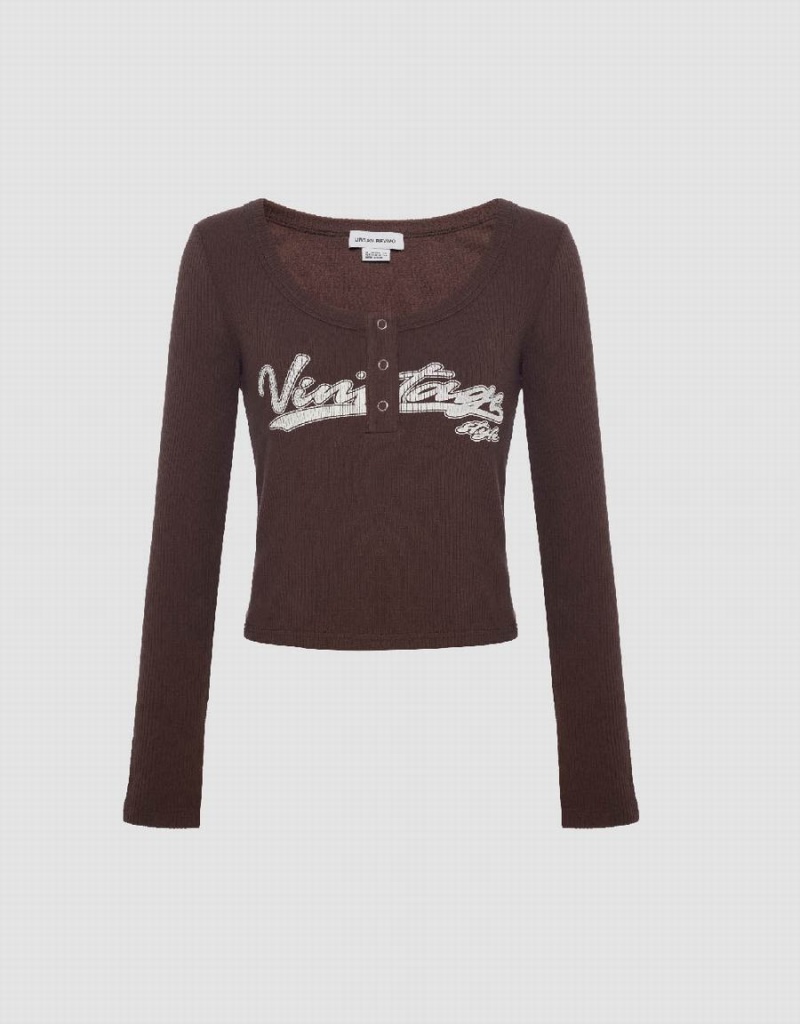 T Shirts Urban Revivo Letter Print With Press Buttons Femme Marron | CAL7841OC