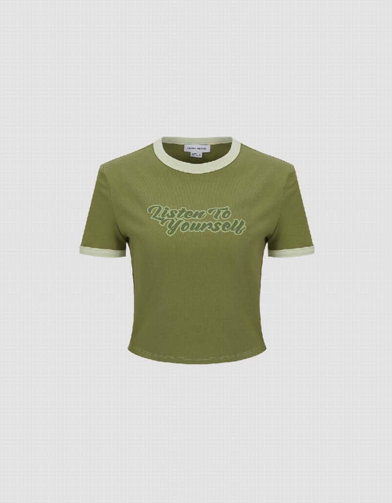 T Shirts Urban Revivo Letter Printed Crew Neck Regular Femme Vert | BMW8495YW