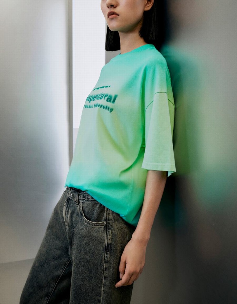 T Shirts Urban Revivo Letter Printed Gradient Femme Vert | PEH418NN