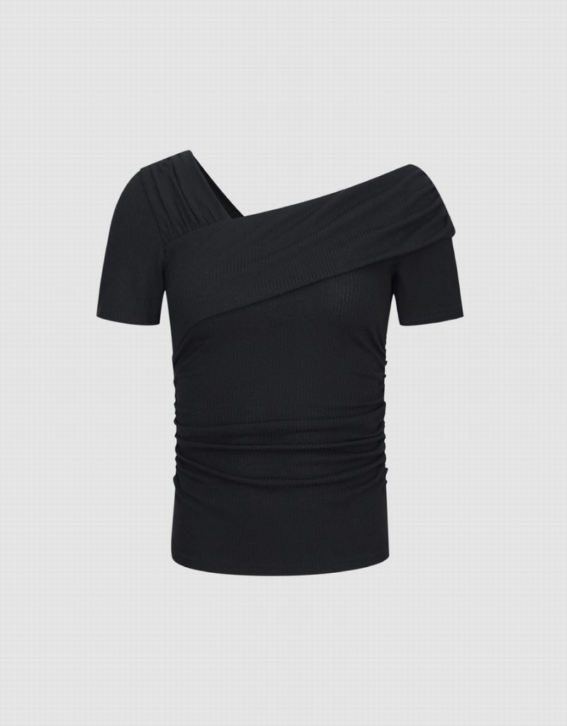 T Shirts Urban Revivo One Shoulder Mince Femme Noir | ORE4766AJ