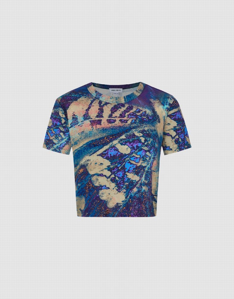 T Shirts Urban Revivo Printed Crew Neck Femme Bleu Multicolore | IYG1039BG