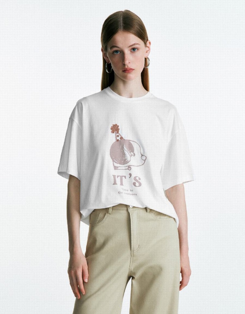 T Shirts Urban Revivo Printed Crew Neck Femme Blanche | RRW2189LS