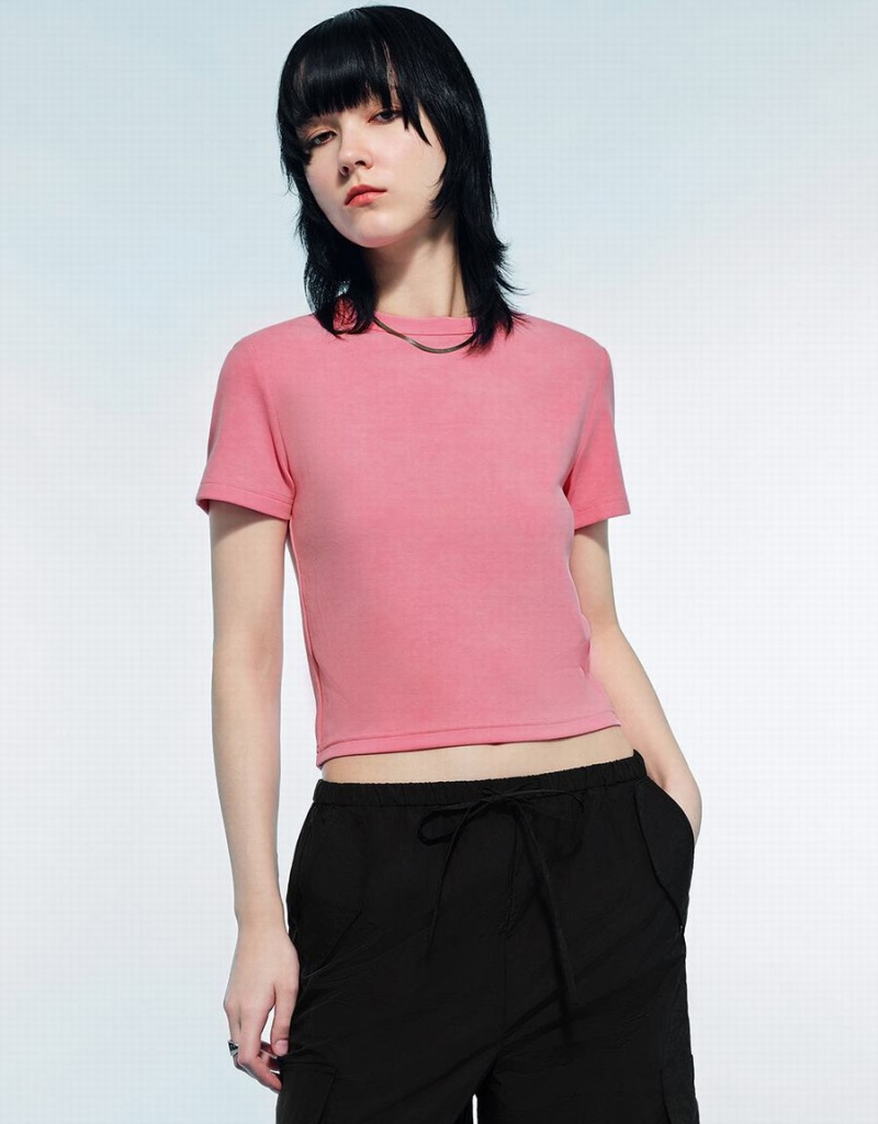 T Shirts Urban Revivo Printed Crew Neck Mince Femme Rose | DVR6957NK