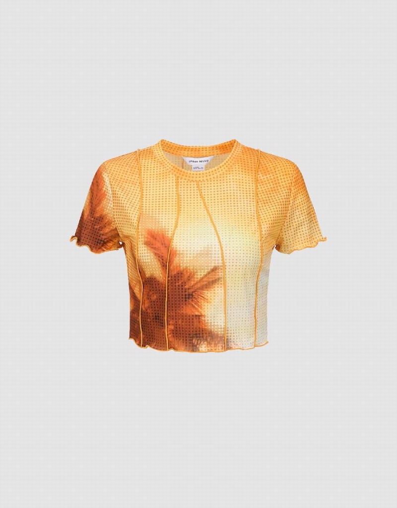 T Shirts Urban Revivo Printed Crew Neck Mince Femme Orange | UKB8096AE