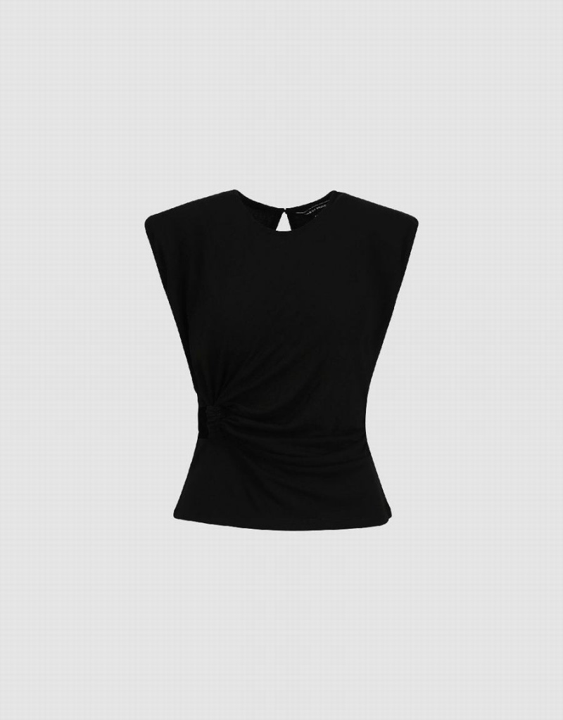 T Shirts Urban Revivo Ruched Crew Neck Femme Noir | MNJ2181FW