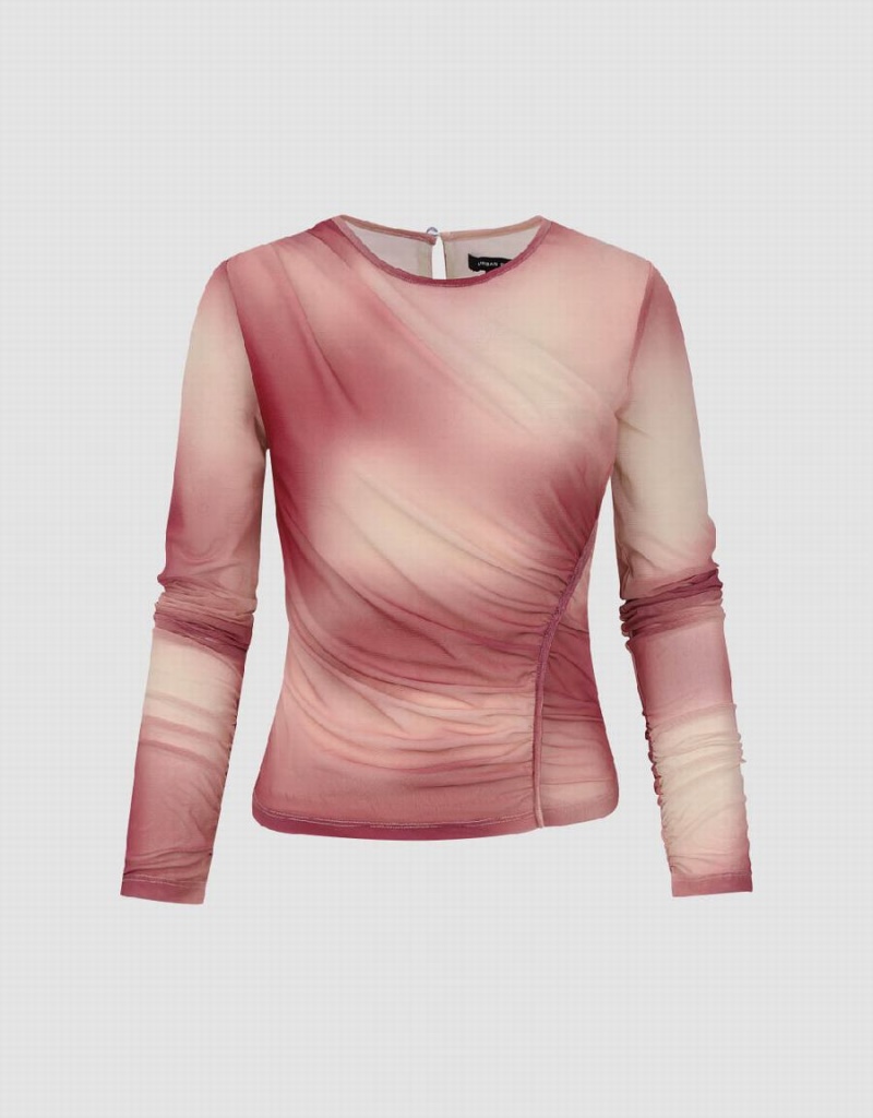 T Shirts Urban Revivo Ruched Printed Crew Neck Mince Femme Rose | OIK4162UL